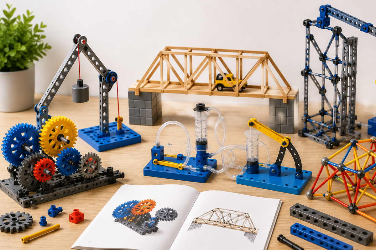 Physics and engineering kits for kids with gears, bridges, simple machines, hydraulics and structural building activities