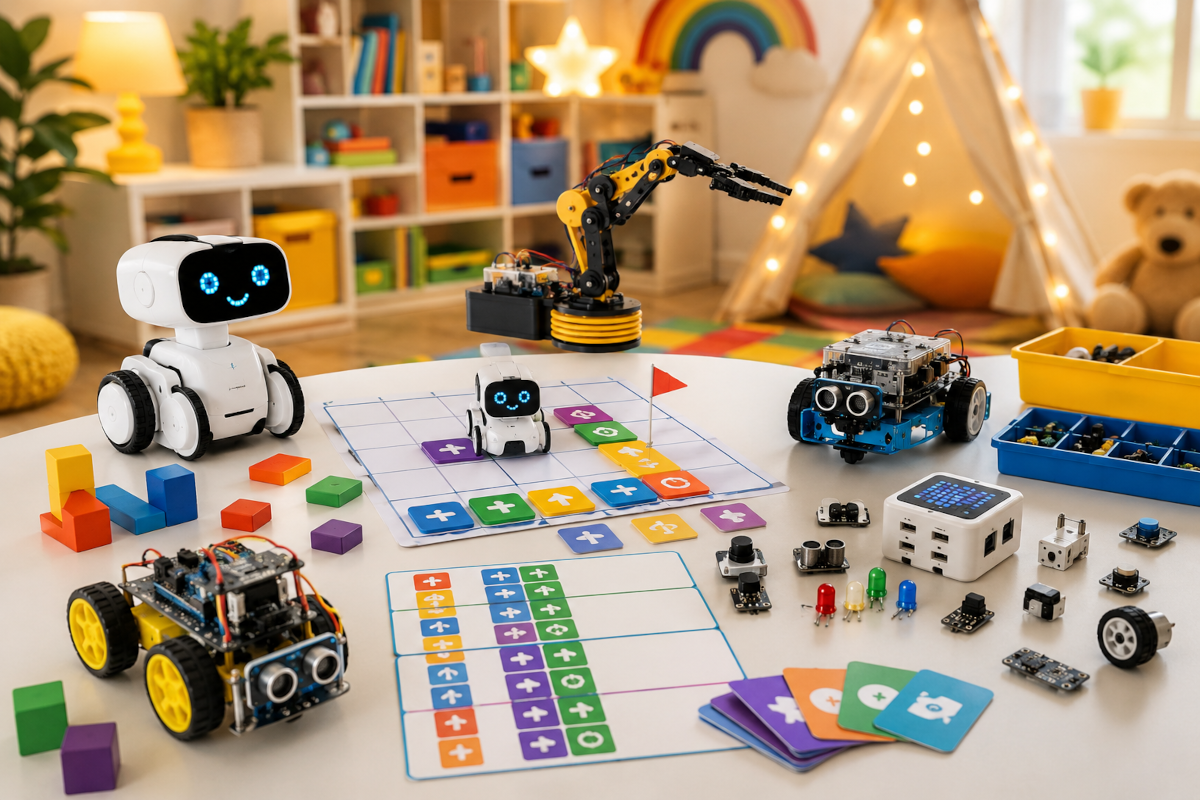 Robotics and programming kits for kids with programmable robots, coding boards, sensors and beginner STEM activities