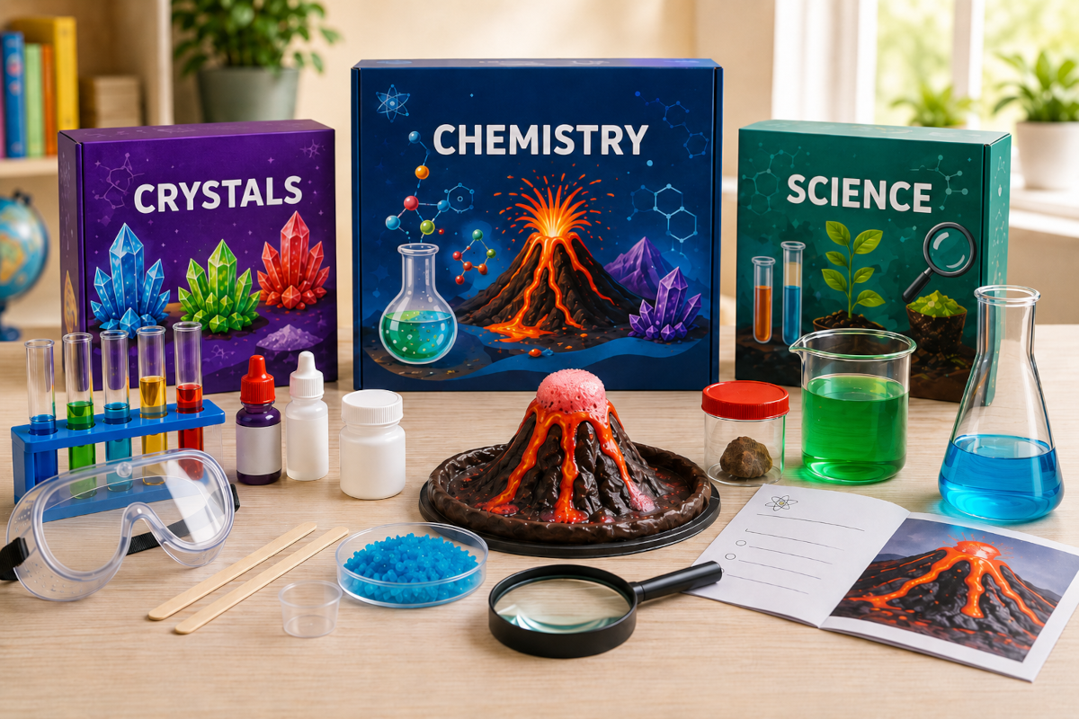Science experiment kits for kids with lab tools, crystals, volcano experiments and beginner STEM activities