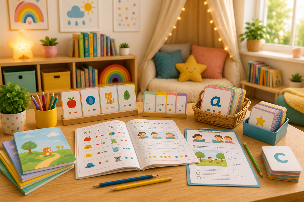 Reading and phonics resources for kids with phonics workbooks, sight word cards, leveled readers and reading comprehension books