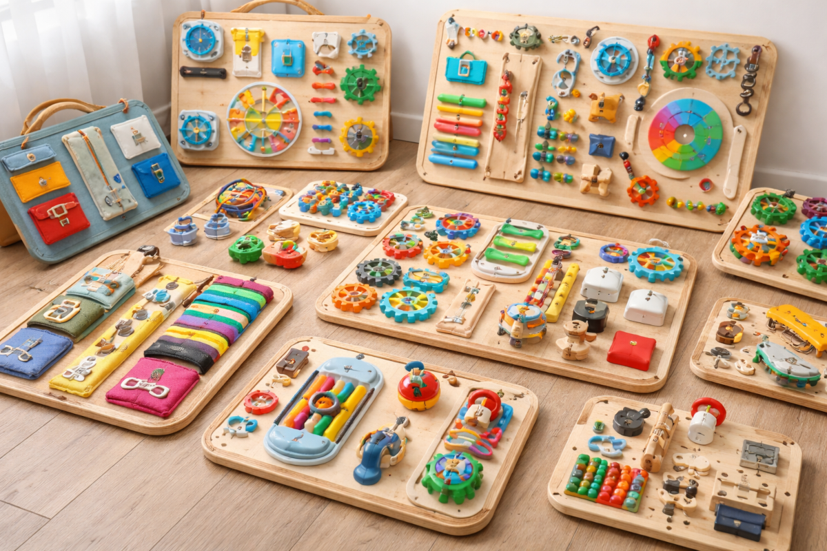 Montessori busy boards and activity panels with latches, locks, switches, zippers, gears and sensory elements for hands-on learning