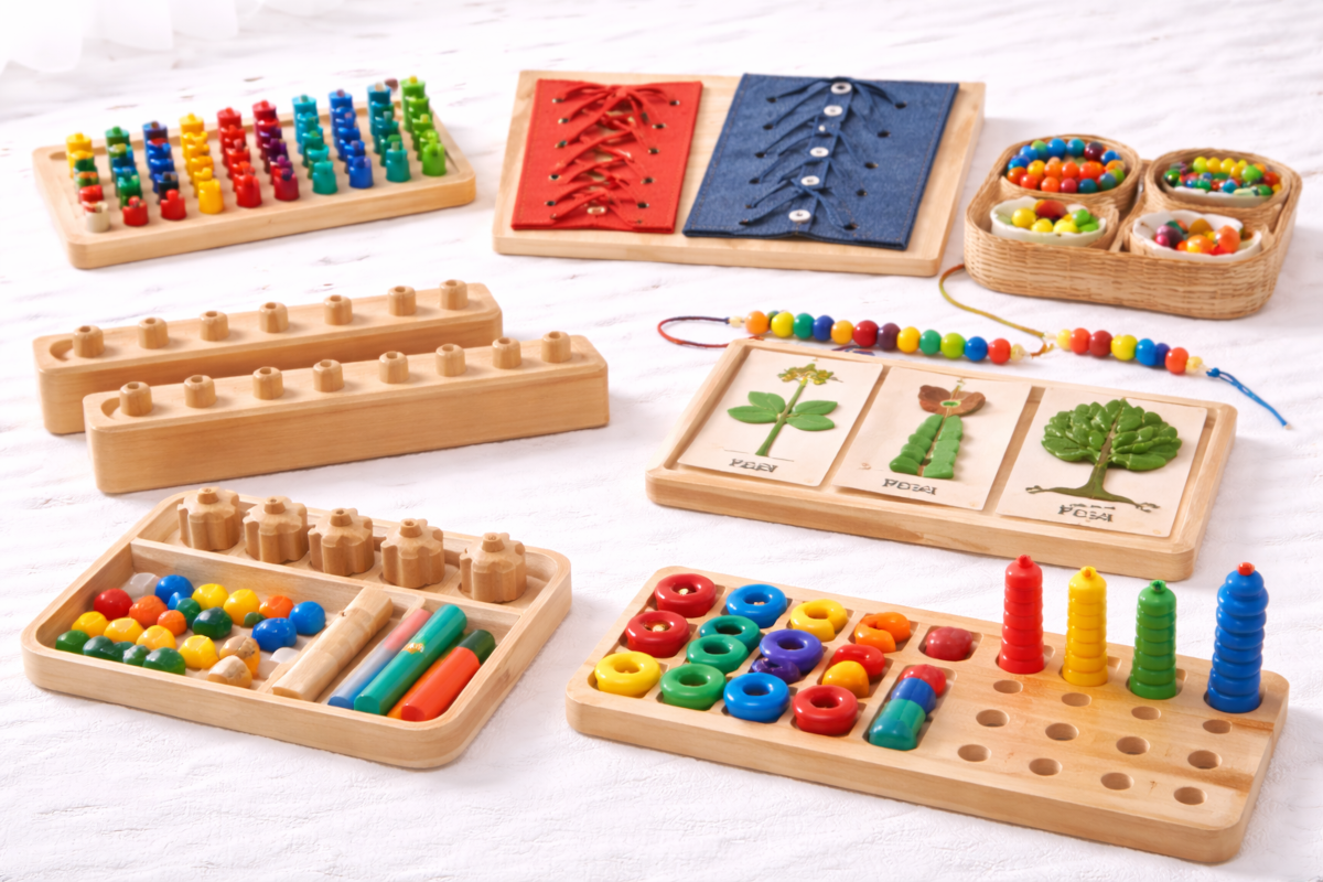 Montessori fine motor and manipulative materials including peg boards, lacing frames, threading beads and knobbed cylinders