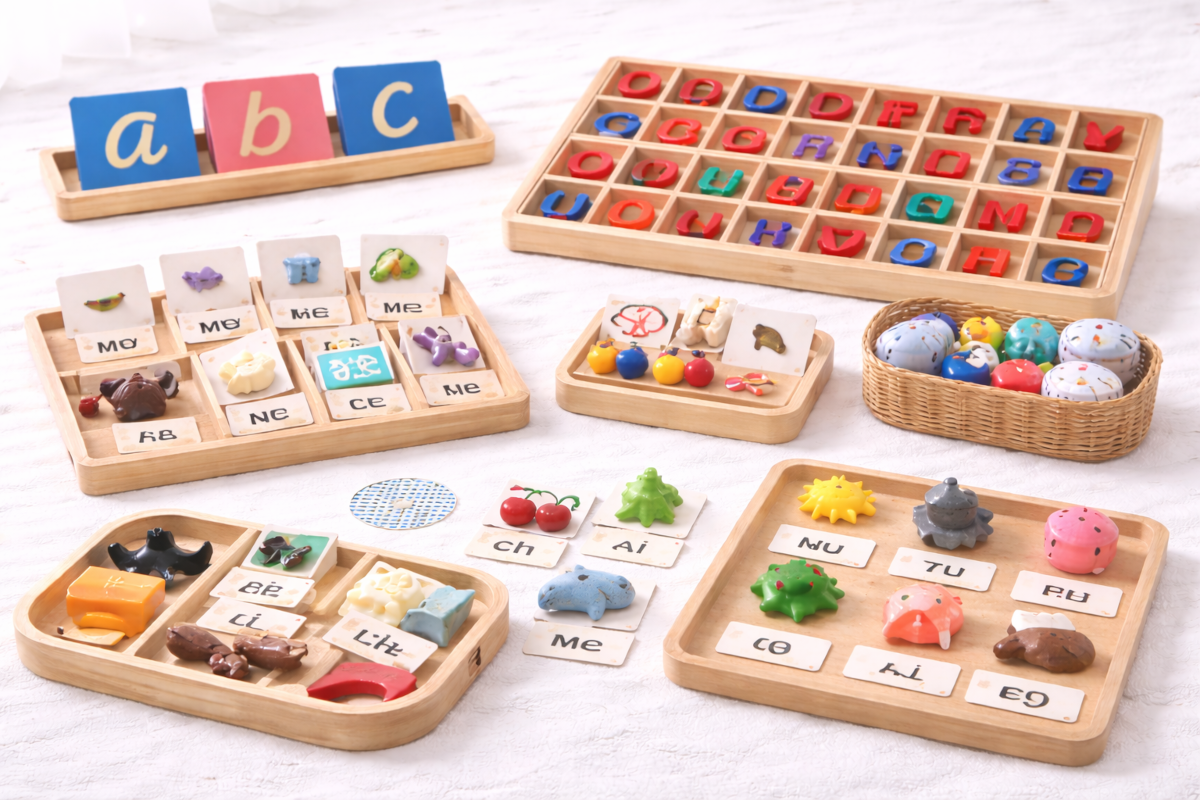 Montessori language materials including sandpaper letters, moveable alphabet, phonogram cards and object-to-word matching sets