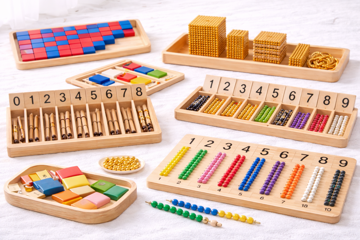 Montessori math materials including number rods, golden bead materials, spindle boxes, counting boards and bead chains