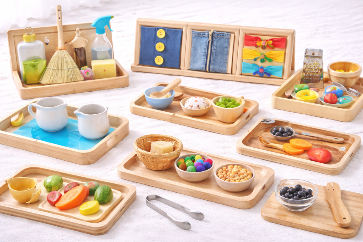 Montessori practical life materials including pouring sets, spooning trays, dressing frames, cleaning tools and food preparation activities