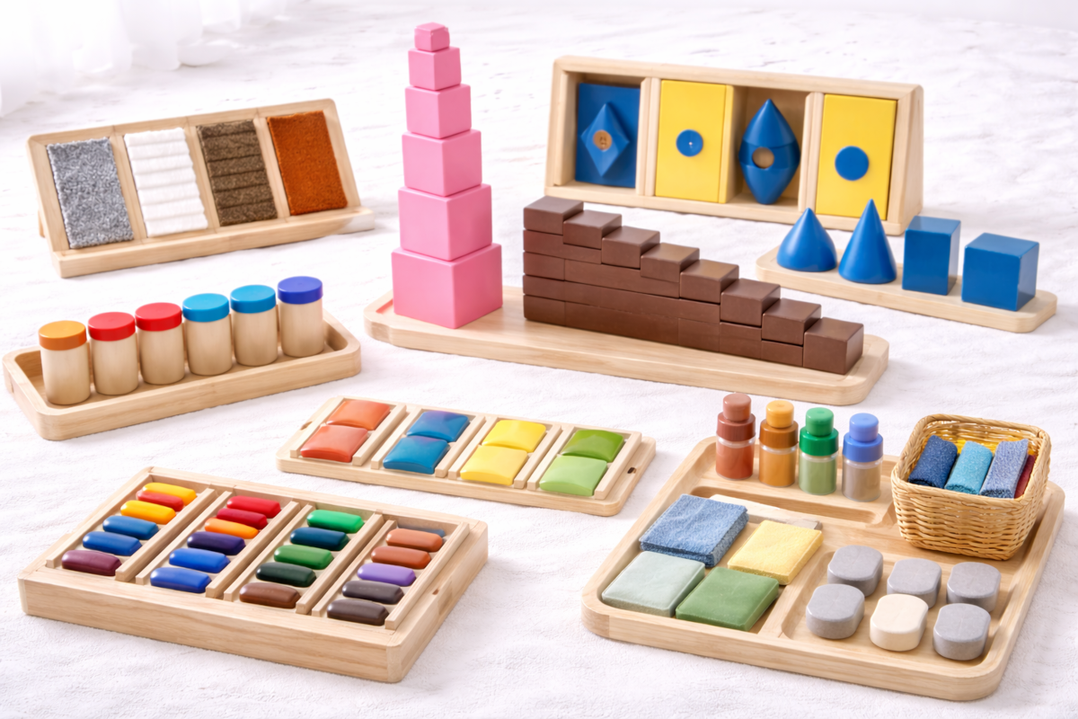 Montessori sensorial materials including color tablets, pink tower blocks, brown stair prisms, texture boards and sound cylinders