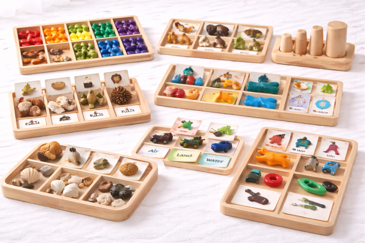 Montessori sorting and classification trays including object sorting sets, size grading trays, matching cards and category sorting activities