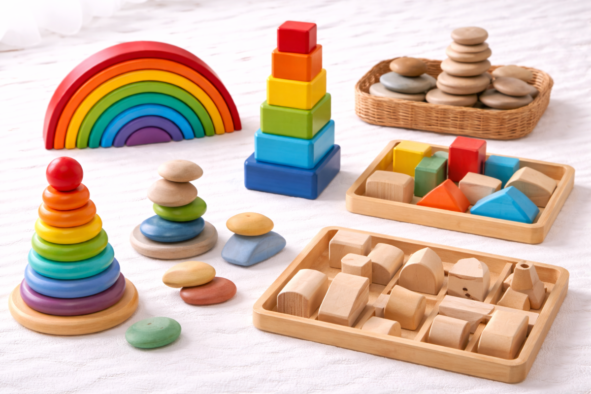 Montessori stacking and early construction materials including wooden stacking rings, nesting boxes, balancing stones and simple block sets