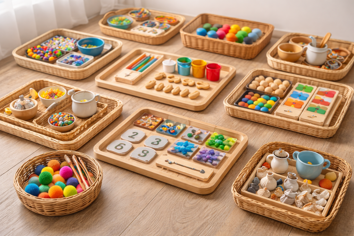 Montessori work trays and activity sets with sorting tools, scooping materials, transfer activities, matching objects and self-contained learning baskets