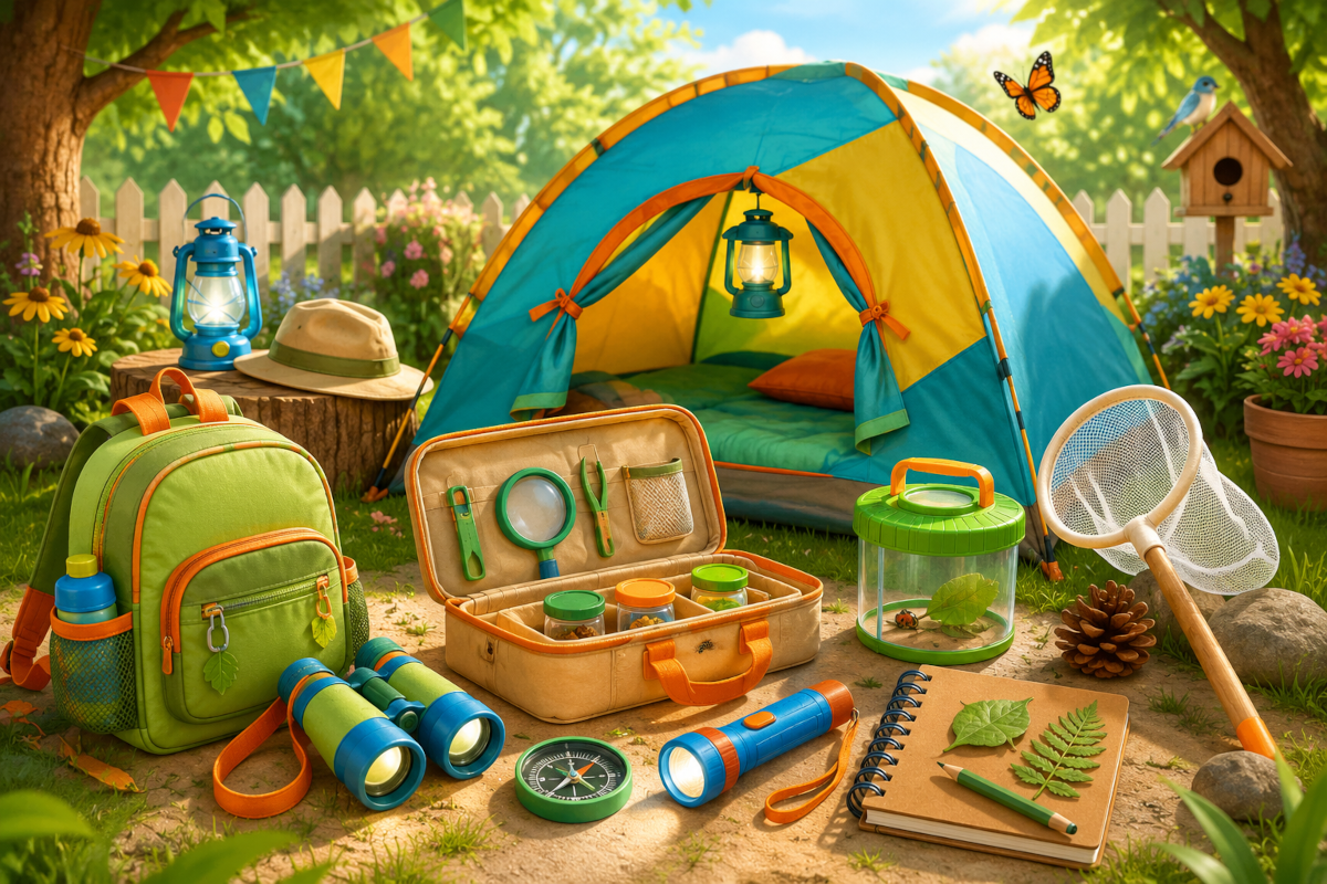 Camping and exploration gear for kids with camping tents, binoculars, explorer kits, flashlights and bug-catching kits