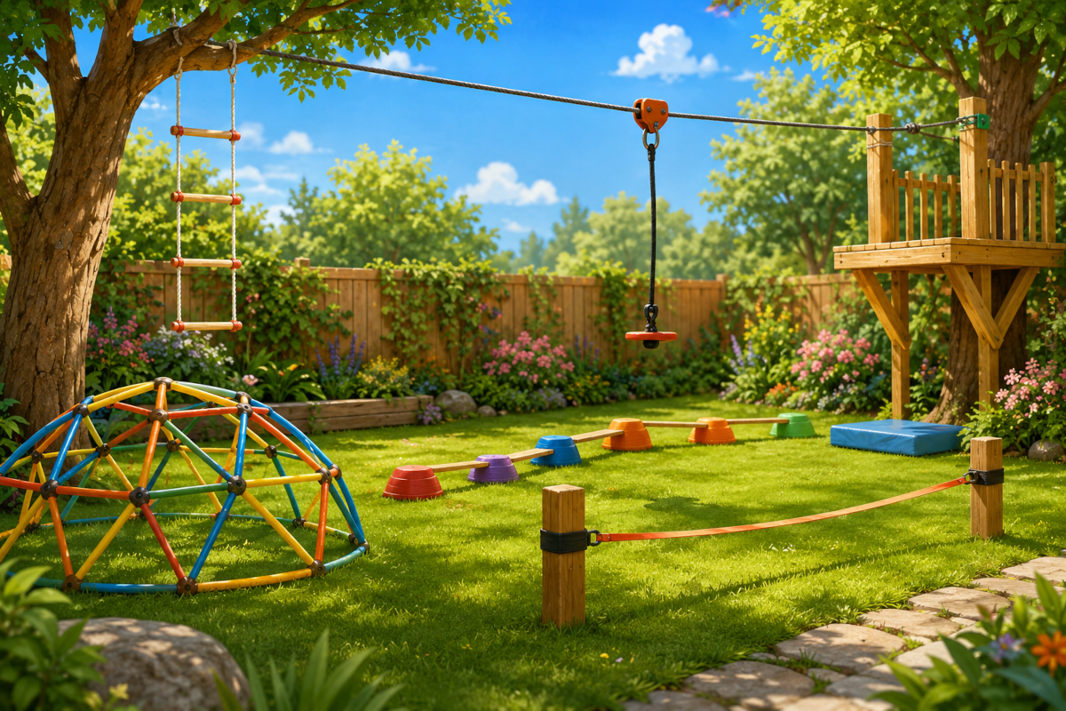 Climbing and adventure equipment for kids with climbing domes, rope ladders, slacklines, obstacle course kits and zip line kits