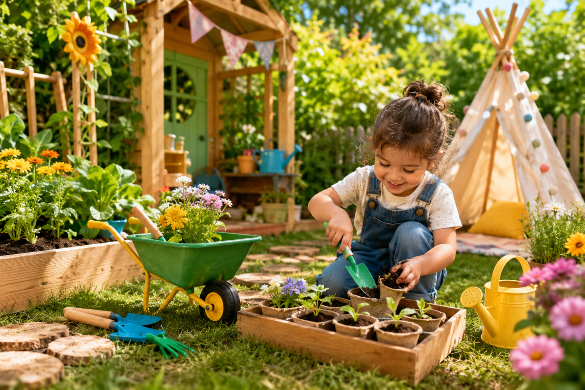 Garden and nature play toys for kids with child gardening tools, watering cans, plant growing kits and wheelbarrows