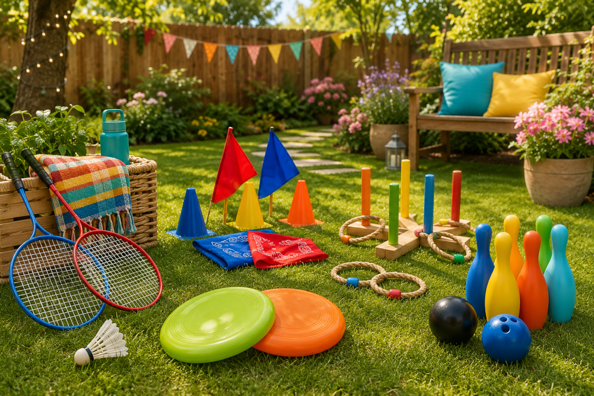 Outdoor games and team play for kids with badminton sets, frisbee games, capture-the-flag kits, ring toss and lawn bowling