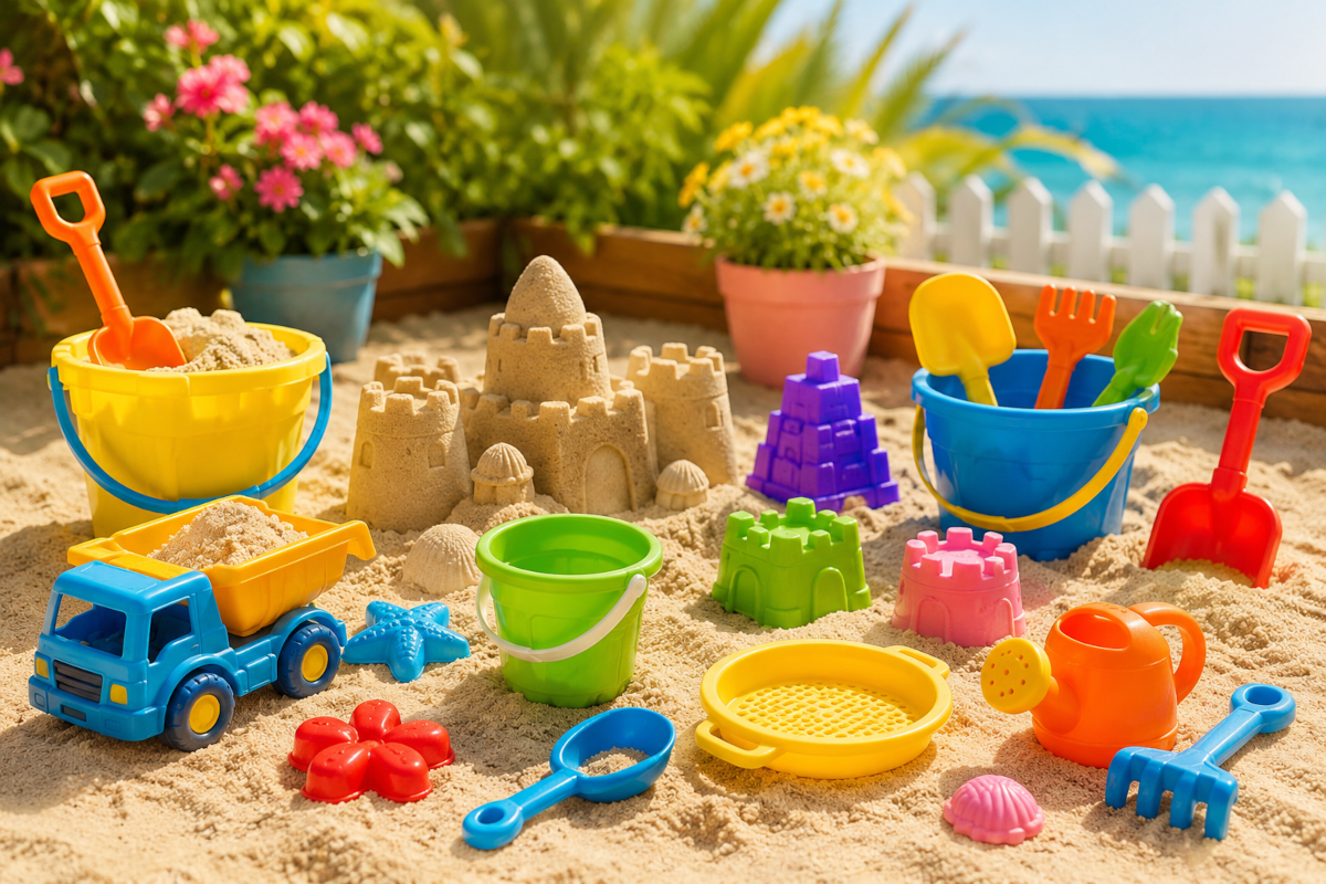 Sand and beach toys for kids with sandcastle molds, buckets and spades, sand trucks and beach digging sets