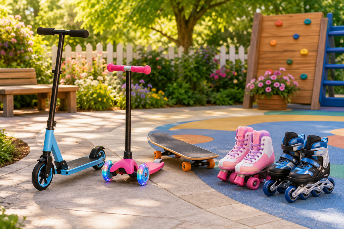 Scooters, skateboards and skates for kids with kick scooters, three-wheel scooters, skateboards, roller skates and inline skates