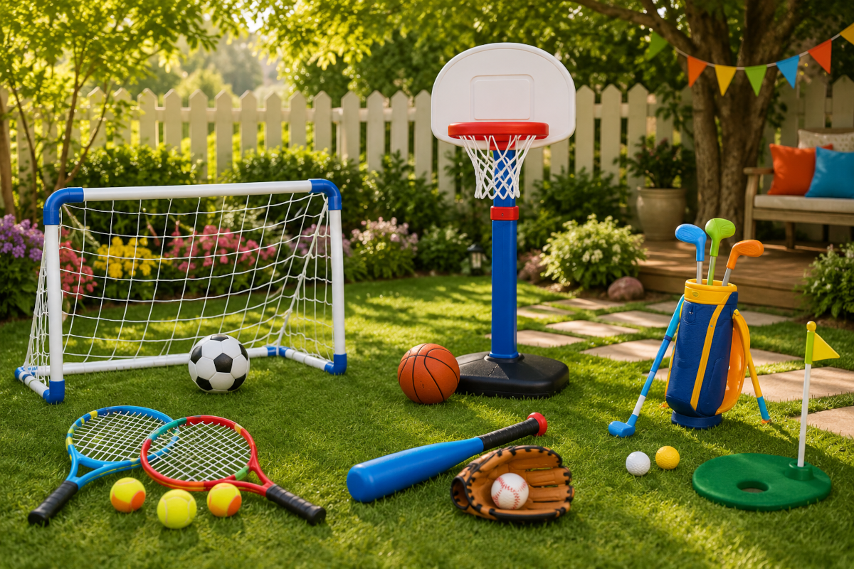 Sports equipment for kids with soccer goals, basketball hoops, tennis rackets, baseball sets and beginner golf sets