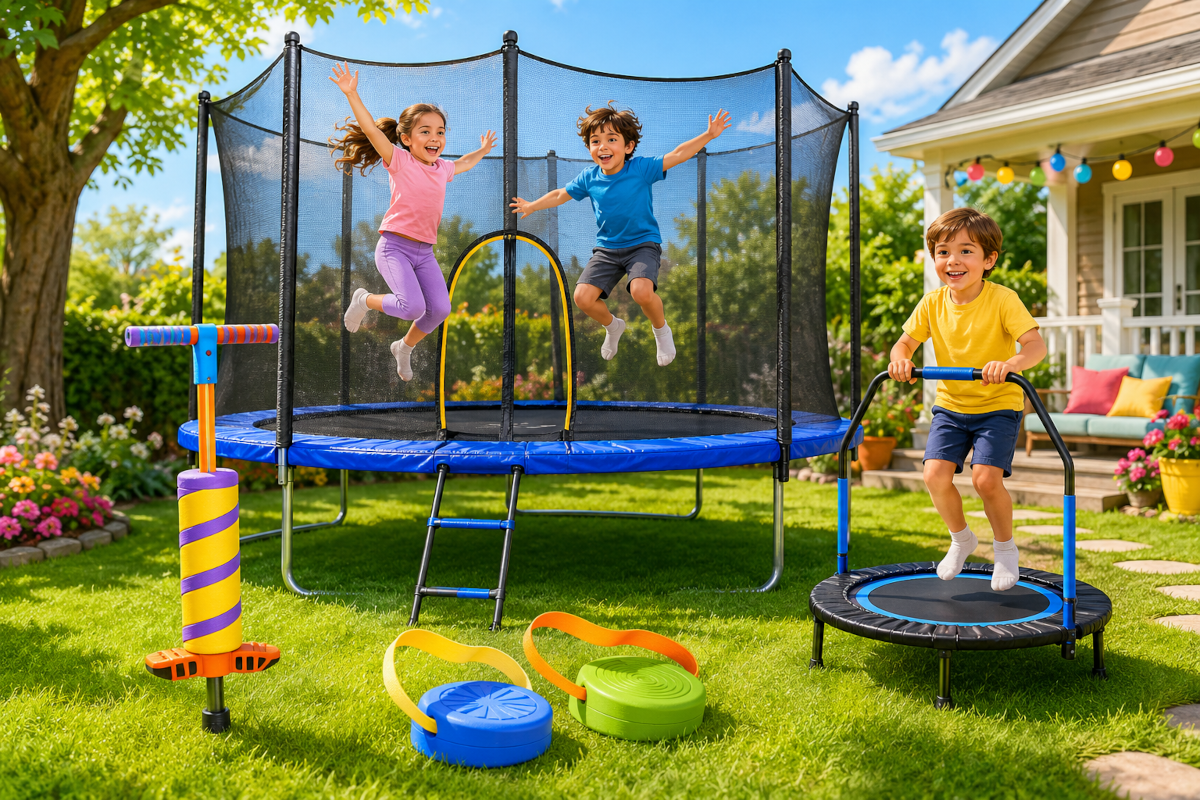 Trampolines and jump play toys for kids with mini fitness trampolines, backyard trampolines, pogo sticks and jump trainers