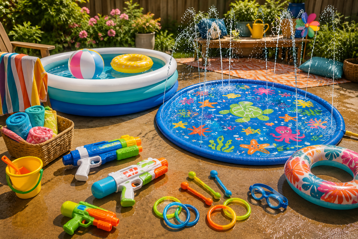Water play and pool toys for kids with inflatable pools, water blasters, splash pads, pool floats and diving toys