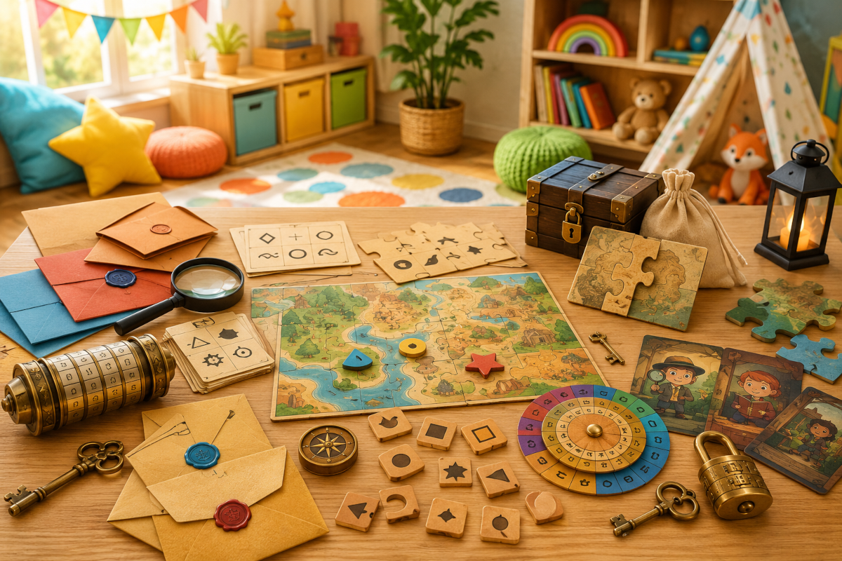 Escape and mystery puzzle games for kids with clue cards, locks, puzzle pieces, secret codes and story-based mystery challenges