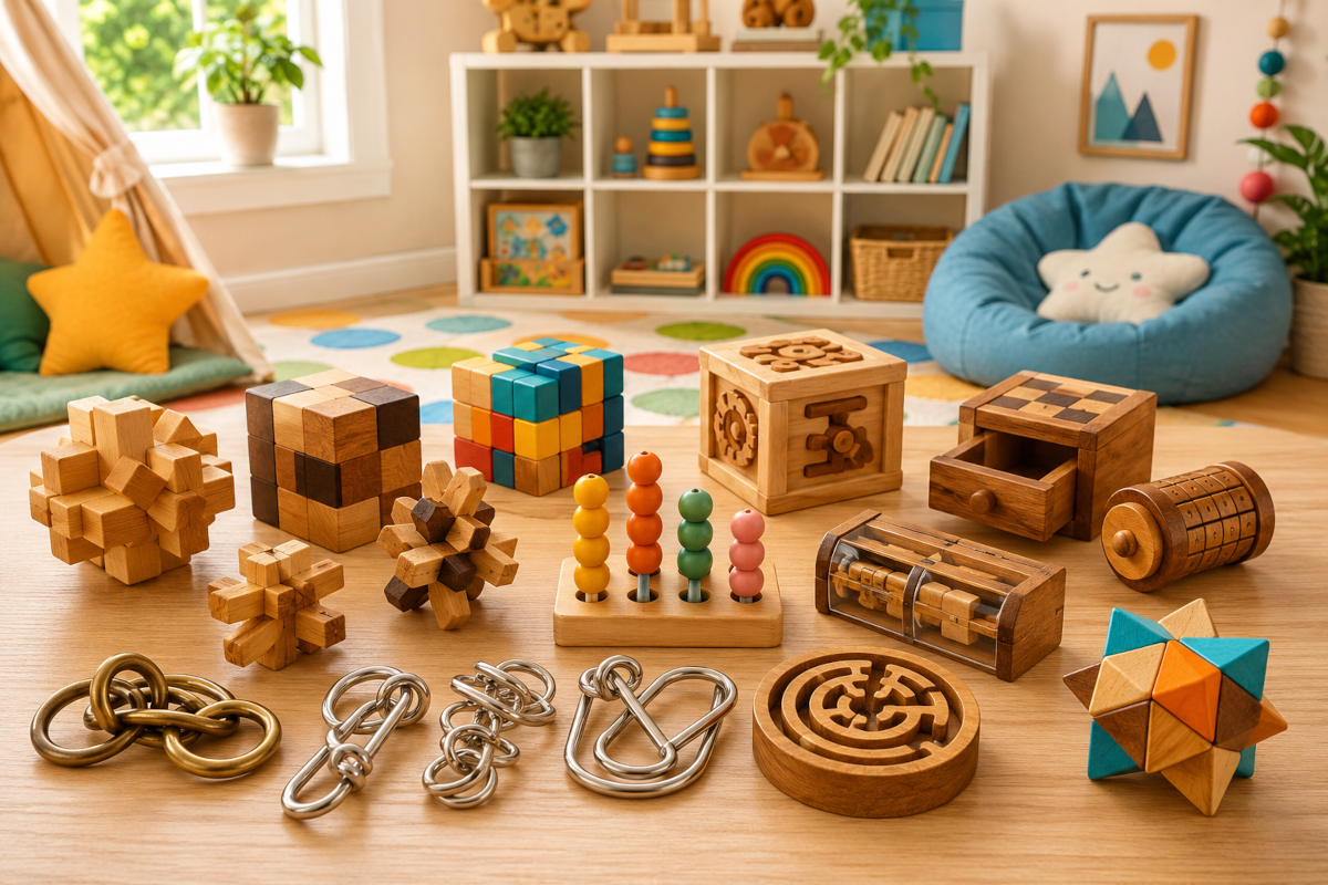Interlocking and mechanical brain teasers for kids with wooden burr puzzles, metal disentanglement puzzles and hands-on puzzle challenges