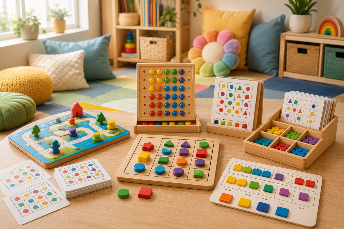 Logic and deduction puzzles for kids with grid puzzles, deduction boards, pattern tiles and single-player puzzle challenges