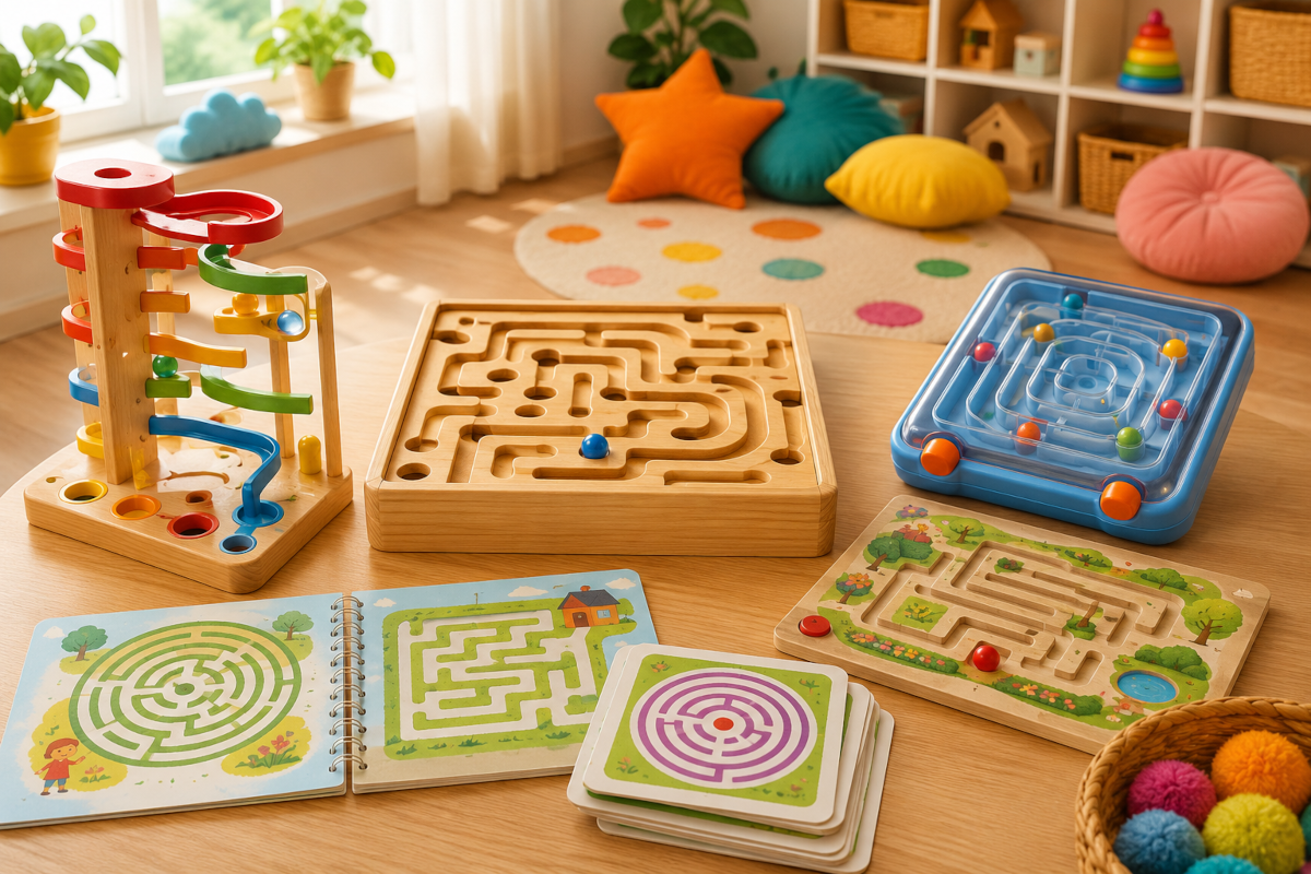 Maze and labyrinth games for kids with marble mazes, wooden labyrinth boards, path-finding puzzles and handheld maze activities
