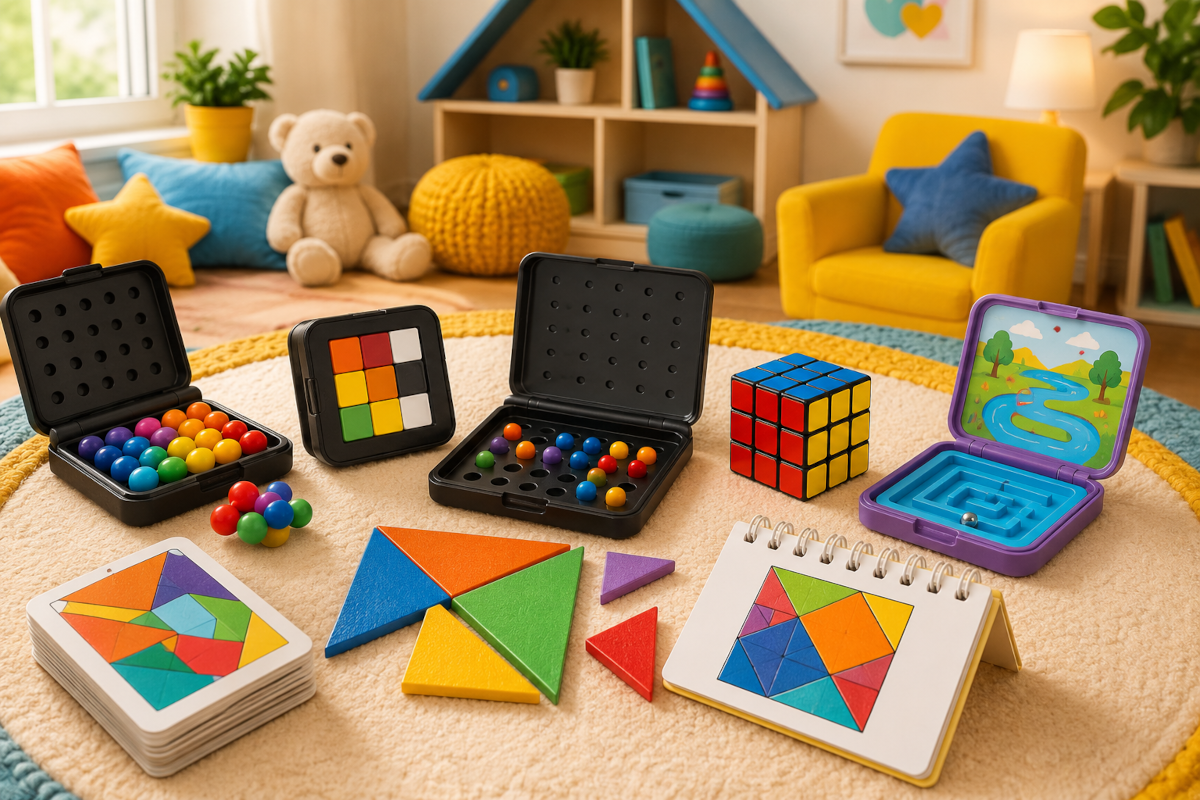Travel and compact puzzle games for kids with pocket brain teasers, mini logic boards and magnetic travel puzzles