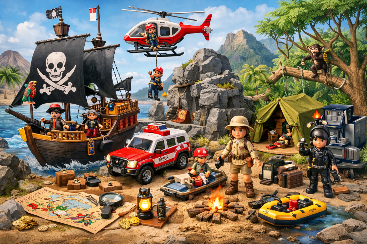 Children’s adventure role-play toys including pirate ships, rescue mission playsets, explorer kits, and action-based mission accessories