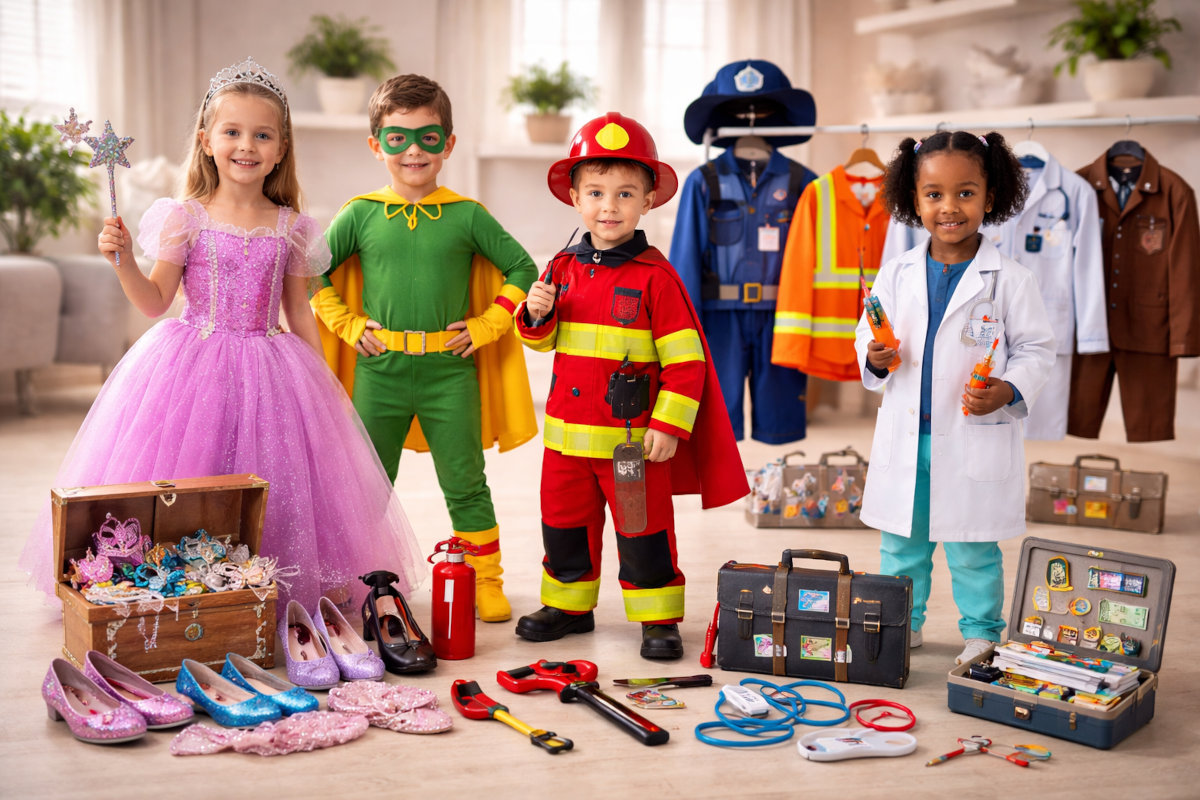 Children’s costumes and dress-up toys including princess dresses, superhero capes, firefighter outfits, and career role-play accessories