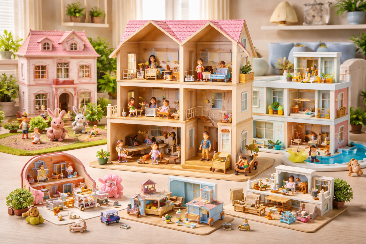 Children’s dollhouses and miniature world toys including wooden dollhouses, modern doll homes, miniature furniture, and small-scale figures