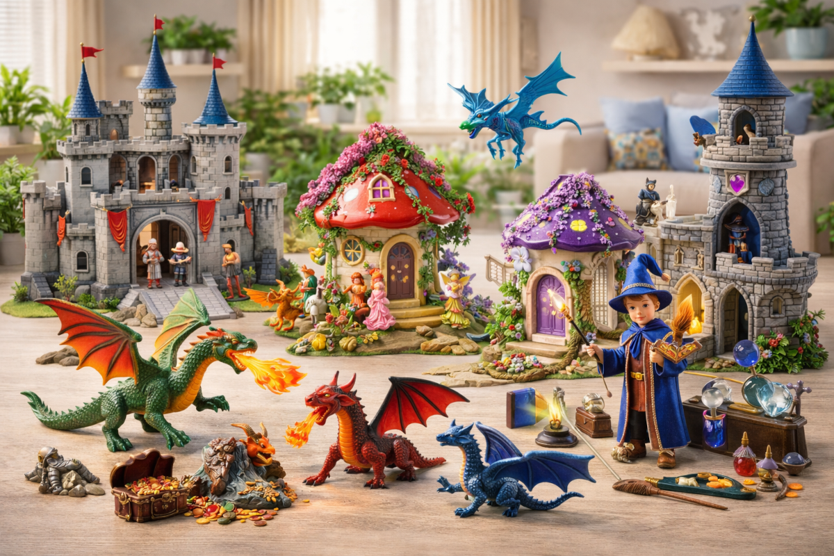 Children’s fantasy and magical play toys including castle play sets, dragon figures, fairy houses, and wizard role-play accessories