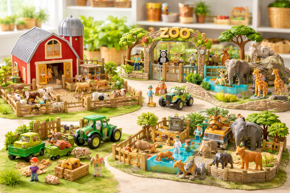 Children’s animal-themed play toys including farm animal figurines, stable play sets, zoo scenes, and safari animal figures