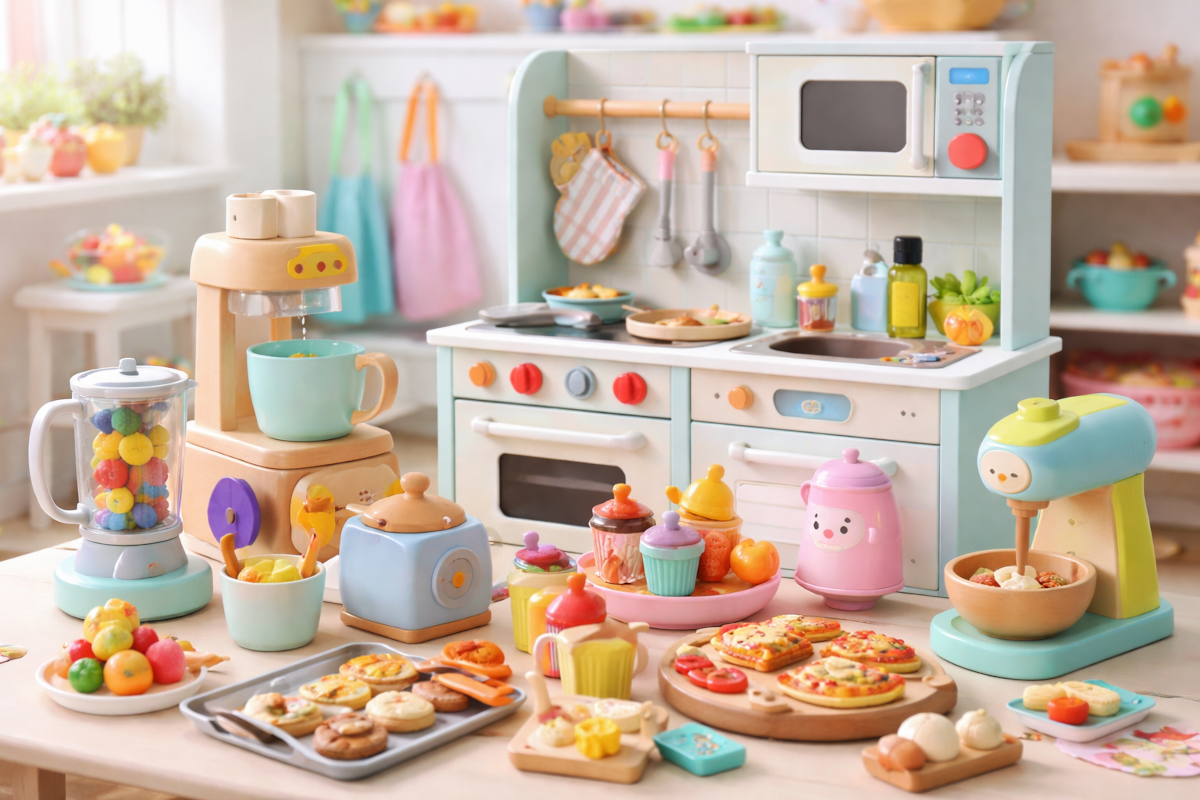Children’s home and kitchen role-play toys including play kitchens, toy appliances, pretend food, tea sets, and baking accessories