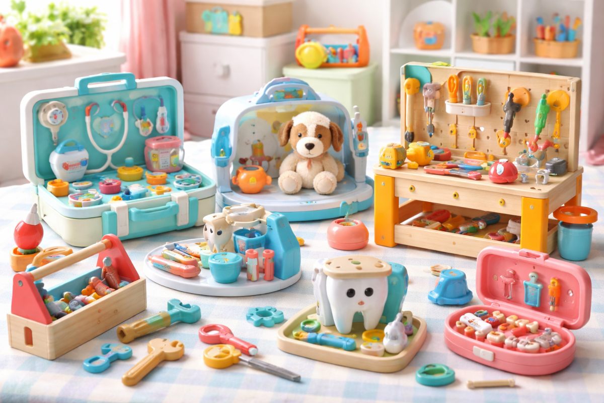 Children’s professional role-play toys including doctor kits, vet sets, dentist tools, tool benches, and construction workshop accessories
