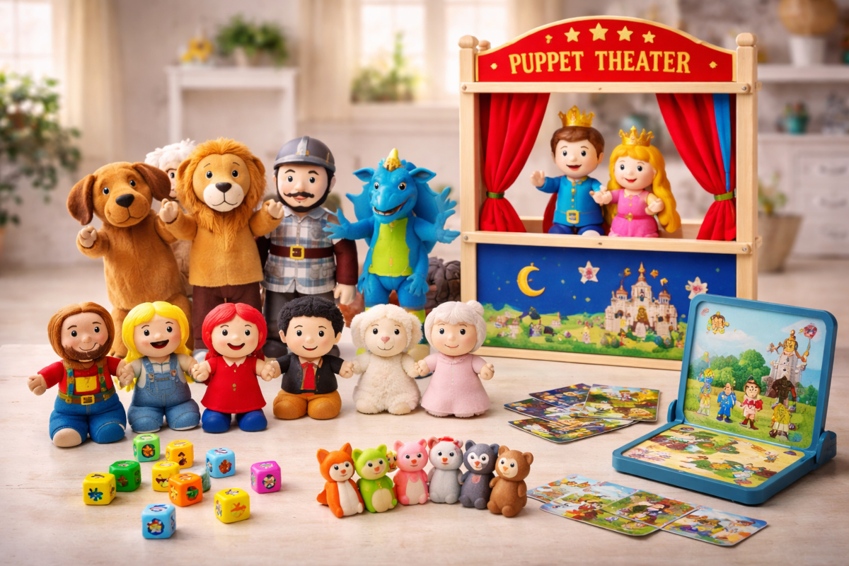 Children’s puppets and storytelling toys including hand puppets, finger puppets, puppet theaters, and storytelling dice