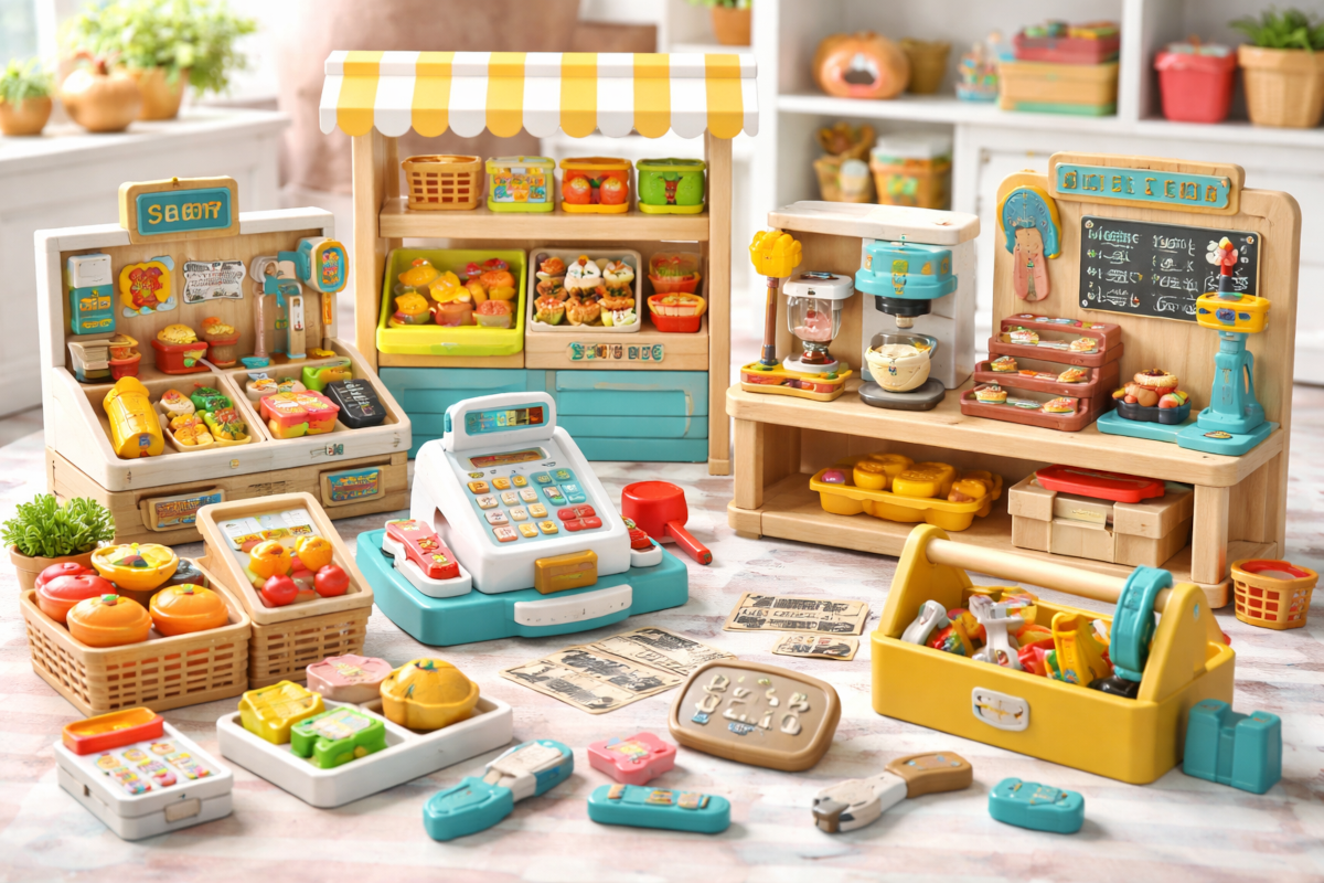 Children’s shop and service role-play toys including grocery store sets, market stands, cash registers, café accessories, and repair shop tools