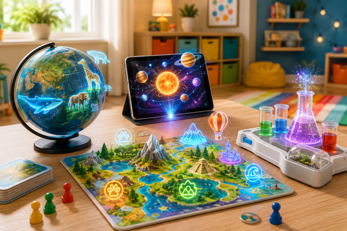 Augmented reality and app-connected toys for kids with AR globes, app-enhanced board games and interactive AR science kits