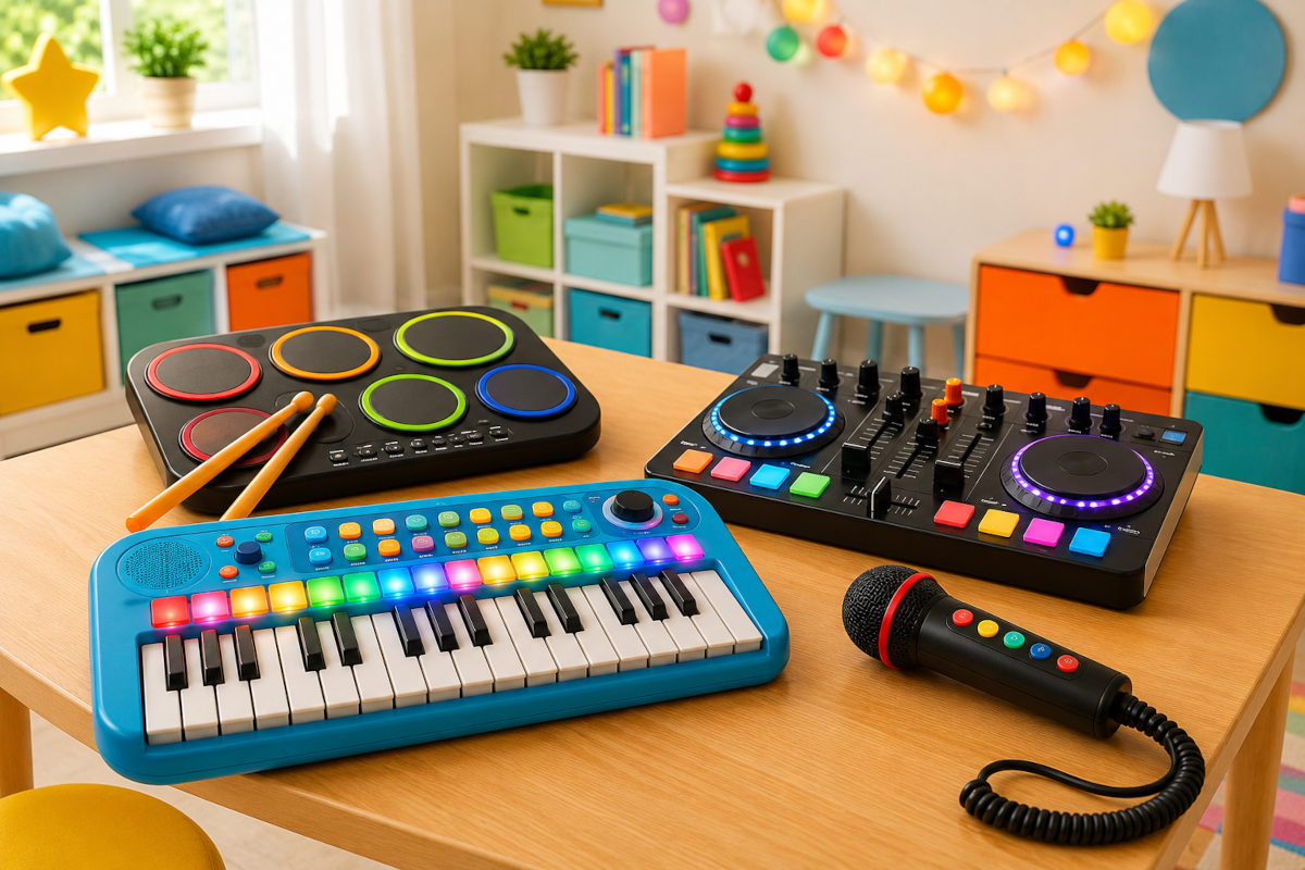 Musical electronic instruments for kids with light-up keyboards, electronic drum pads, kids DJ mixers and sound-effect microphones