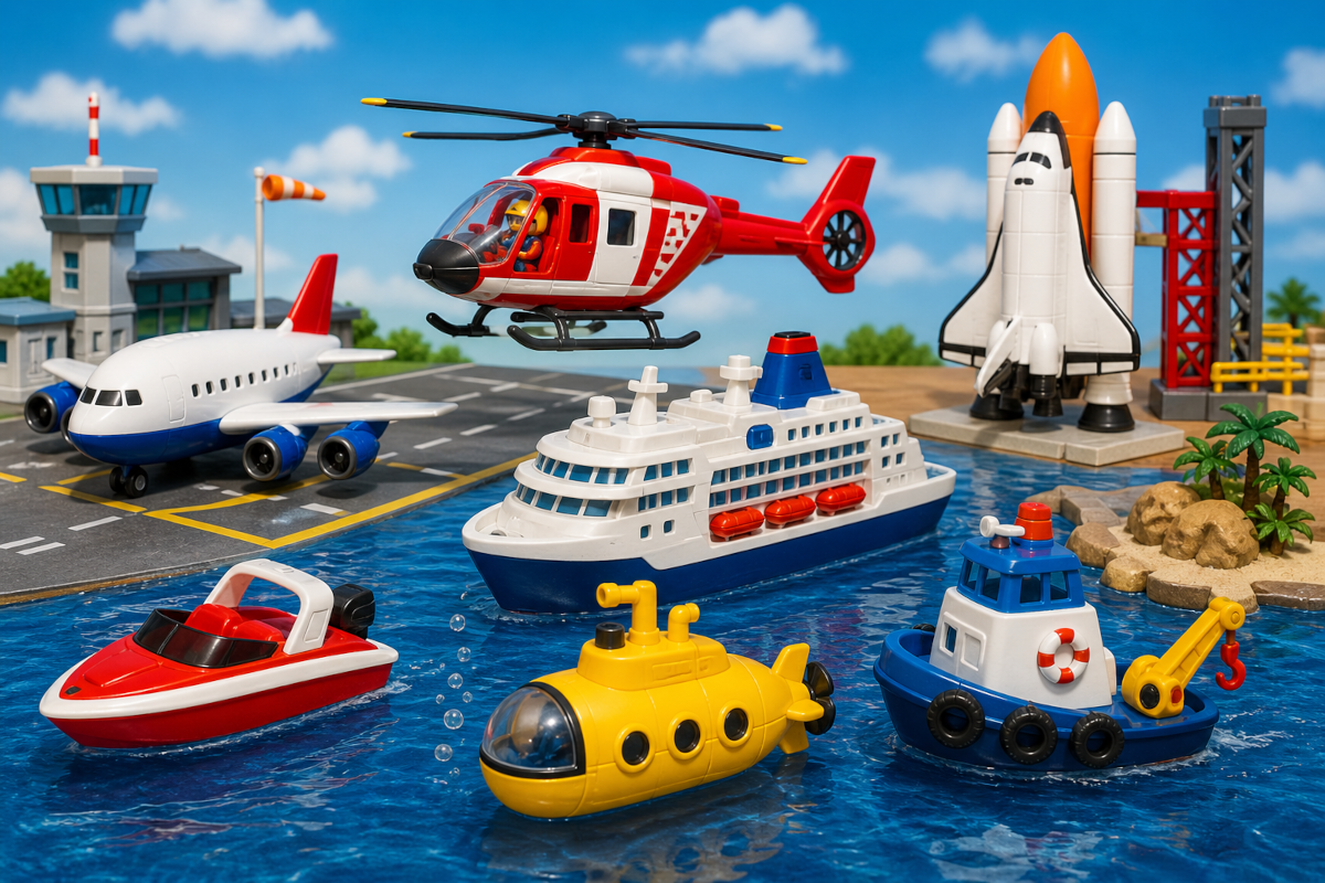 Aircraft and watercraft toys including toy airplanes, helicopters, space shuttles, boats and submarines