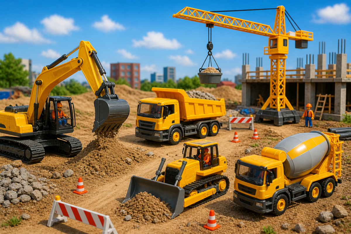 Construction vehicle toys including toy excavators, bulldozers, cranes, dump trucks and cement mixers