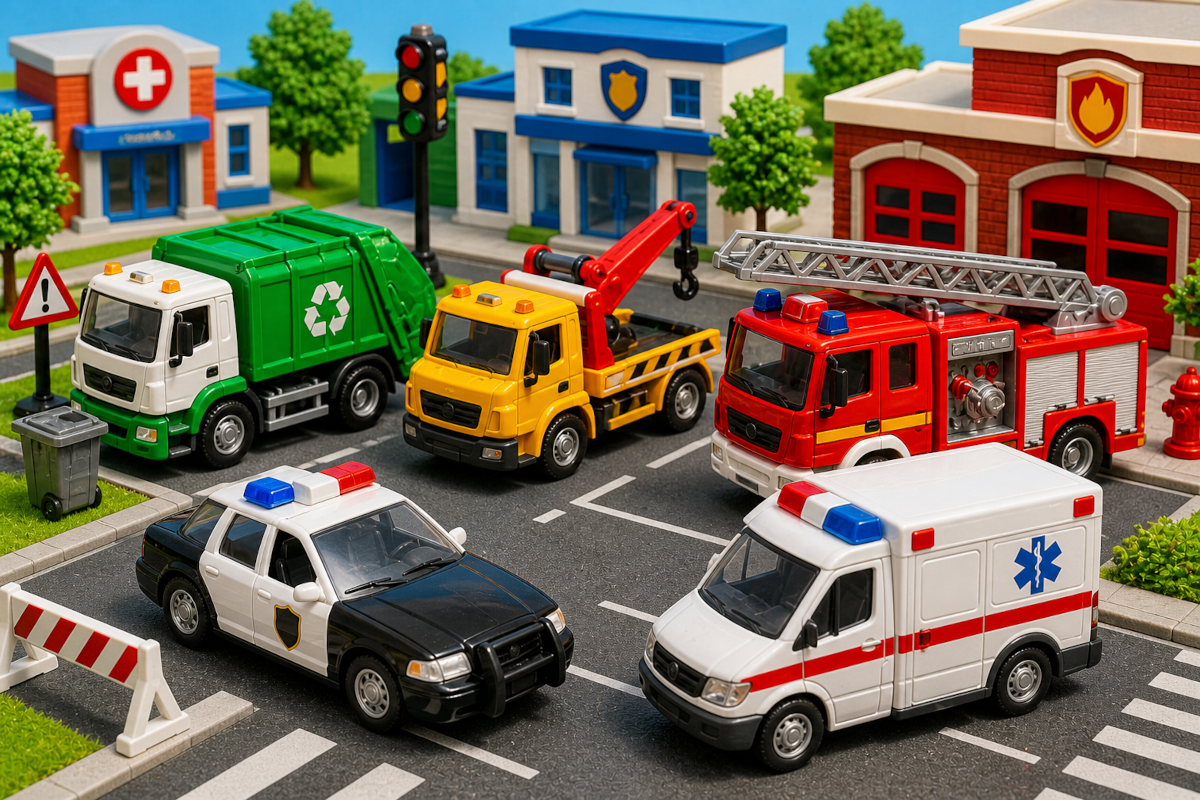 Emergency and service vehicle toys including fire trucks, police cars, ambulances, garbage trucks and tow trucks