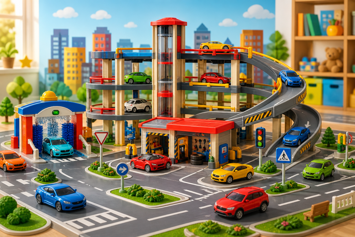 Garage parking and city playsets including multi-level parking garages, car wash stations, service centers and city street playsets