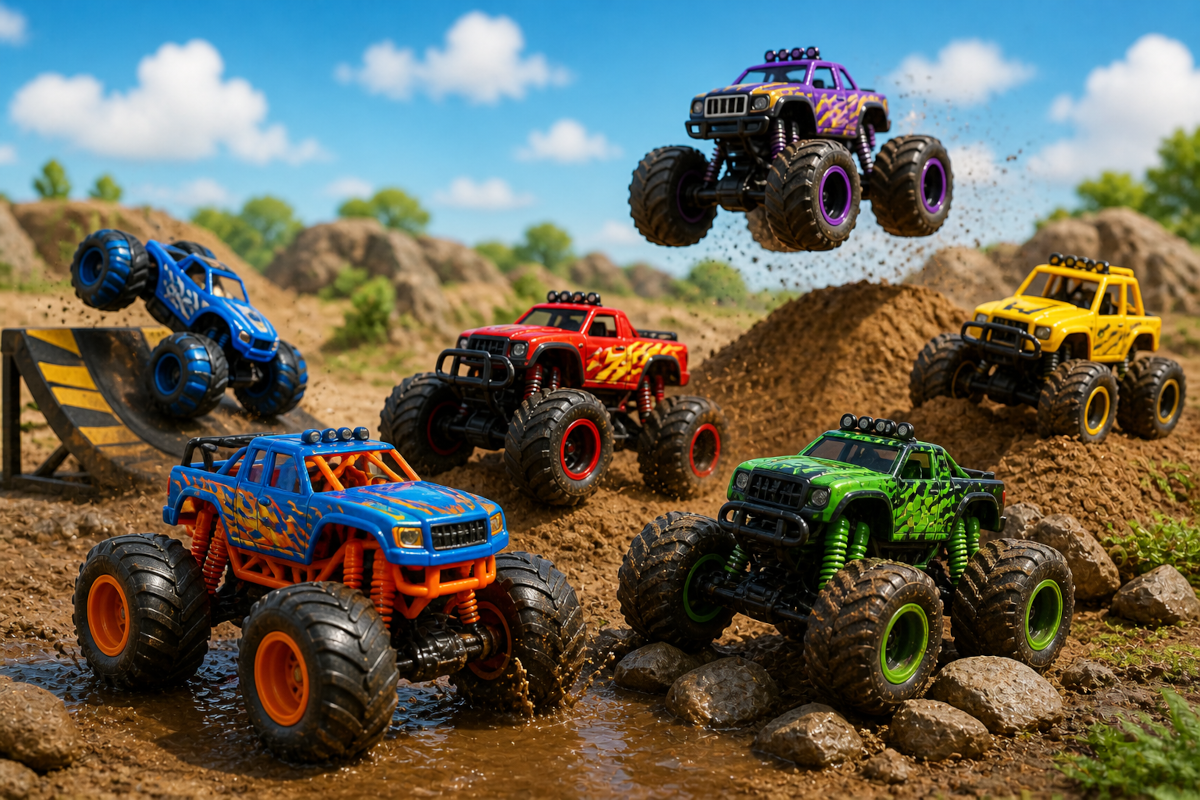 Monster and off-road vehicle toys including monster trucks, off-road trucks, stunt vehicles and oversized tire trucks