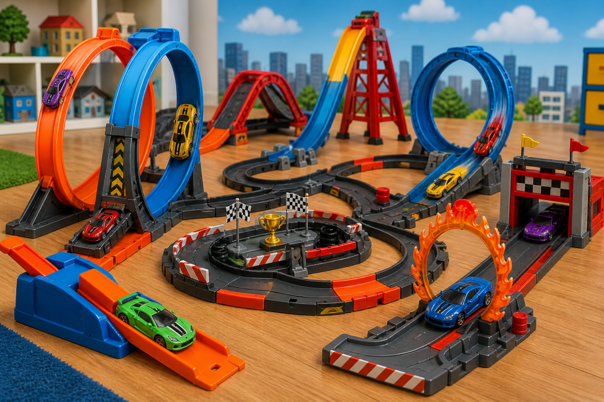 Race tracks and car playsets including loop track sets, stunt racing tracks, launcher sets and themed race arenas