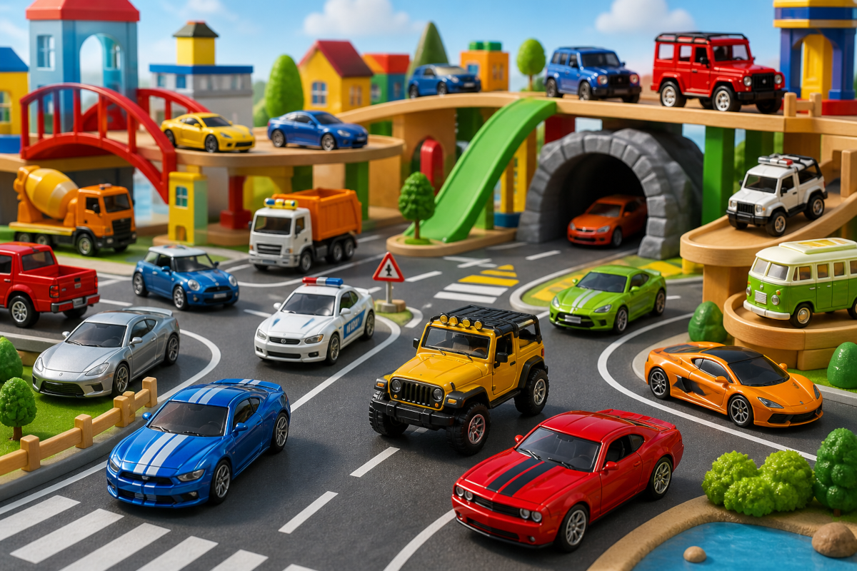 Toy cars and die-cast vehicles including small metal cars, pull-back cars, mini vehicles, and character-themed cars