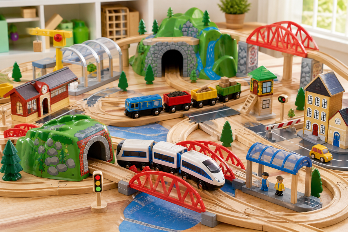 Train sets and railway systems including wooden train sets, electric train systems, cargo trains and railway expansion packs