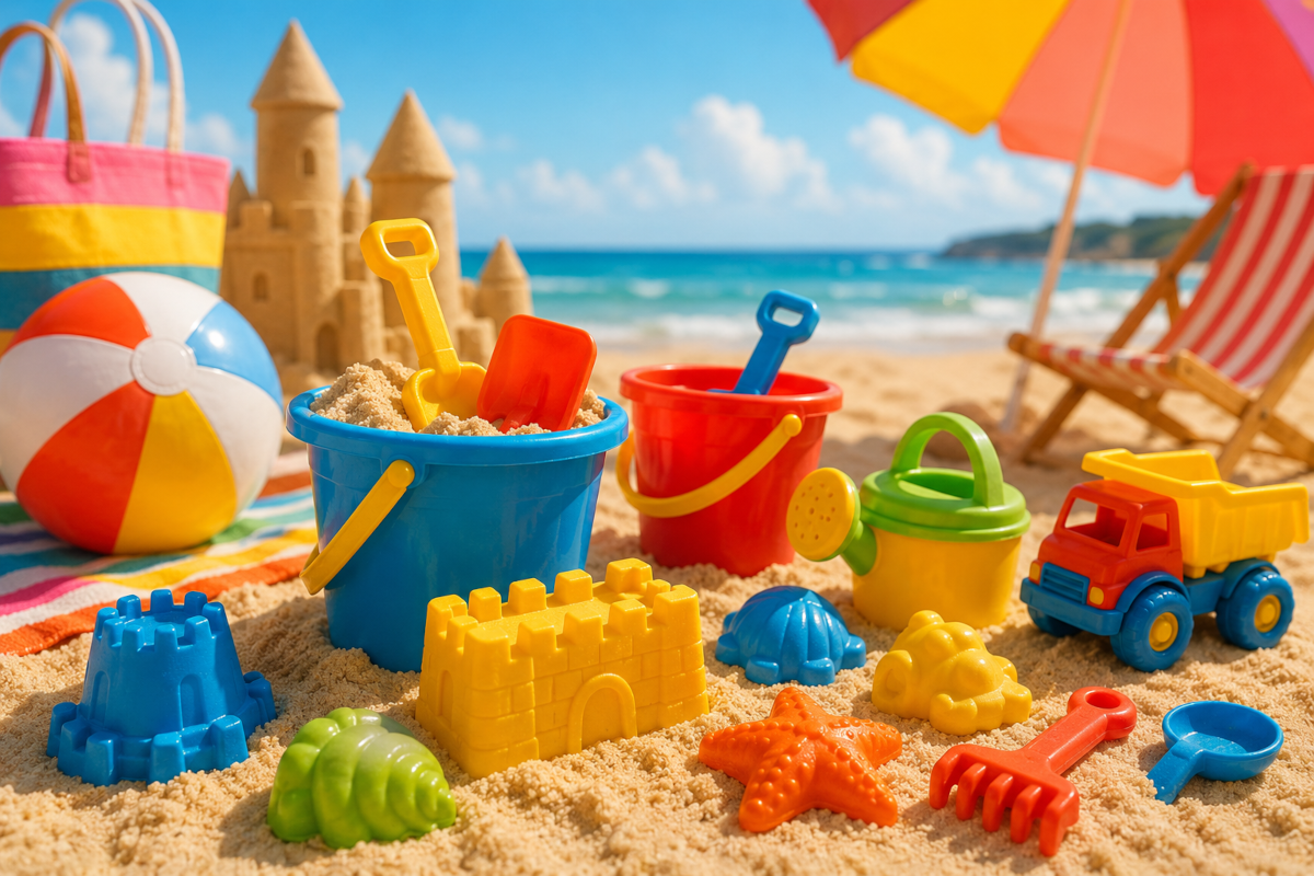 Sand toys for the beach with buckets, spades, sand molds, sand wheels and summer beach play ideas