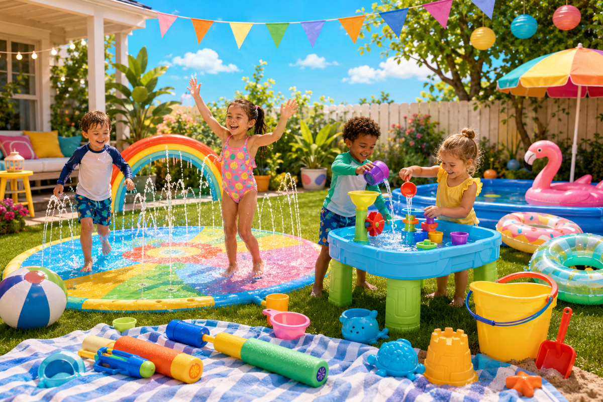 Water toys for hot days with splash pads, water tables, sprinklers, pool toys and summer water play ideas for kids